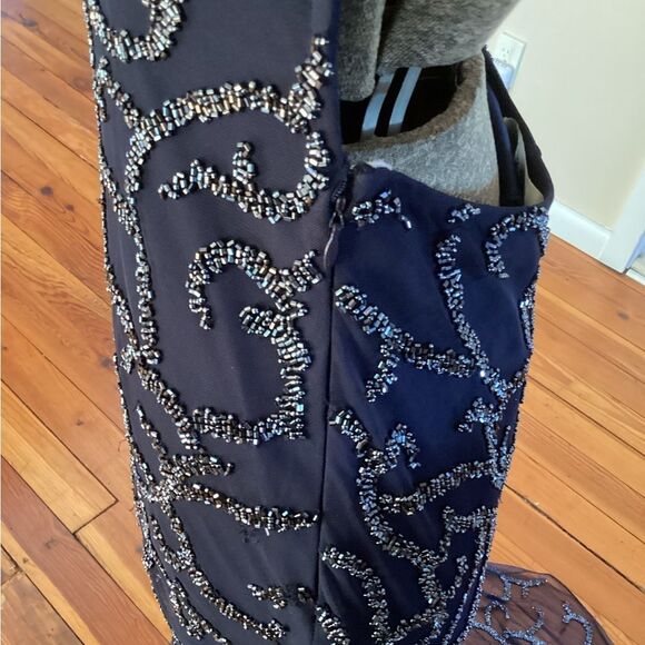 JASZ COUTURE 6 BLUE PLUNGING V NECK BEADED HIGH SLIT PROM PAGEANT FORMAL GOWN - Picture 8 of 10